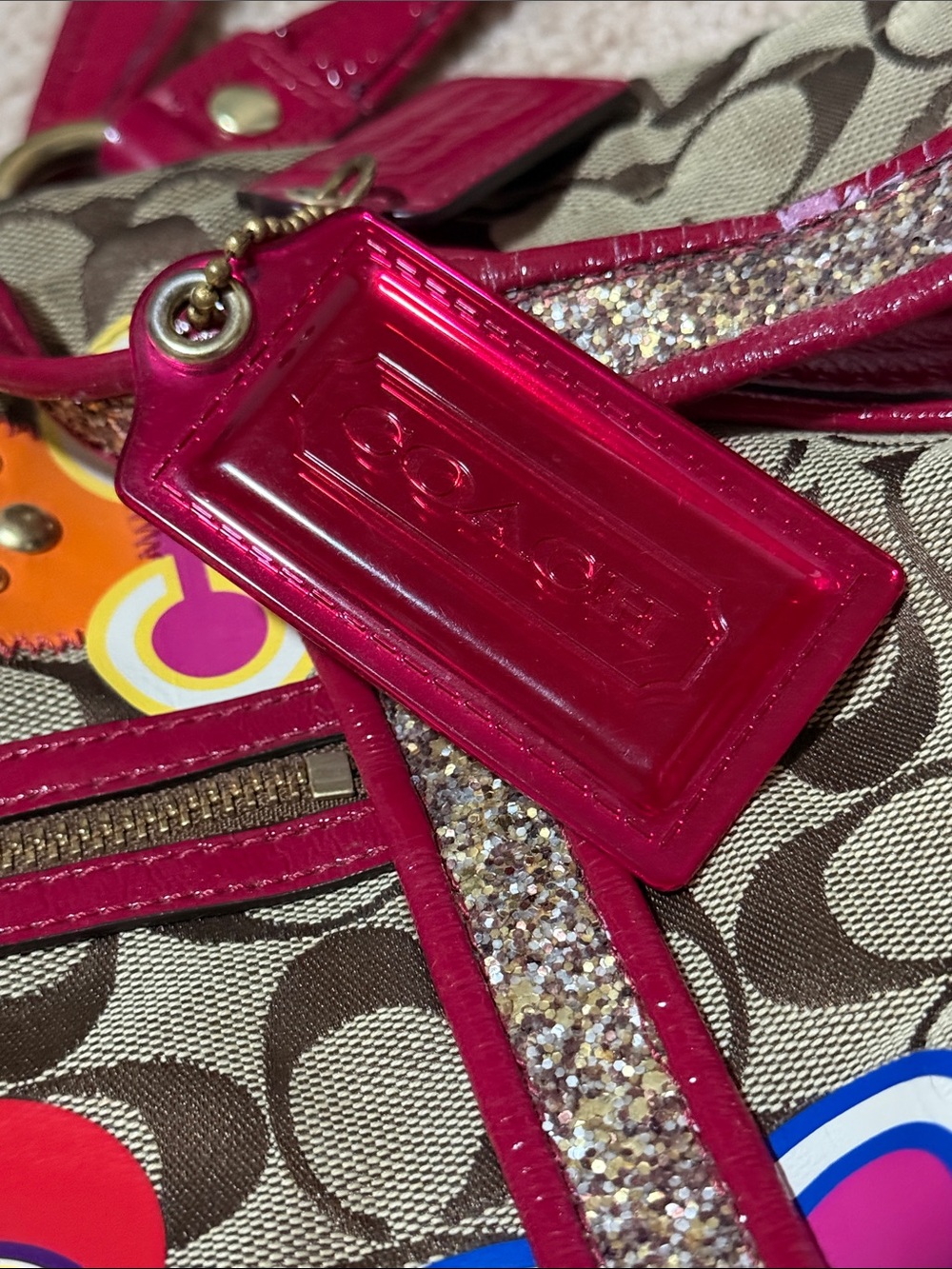 Coach Beige Signature Tote with Pink Trim and Multicolor Accents - Picture 5 of 8